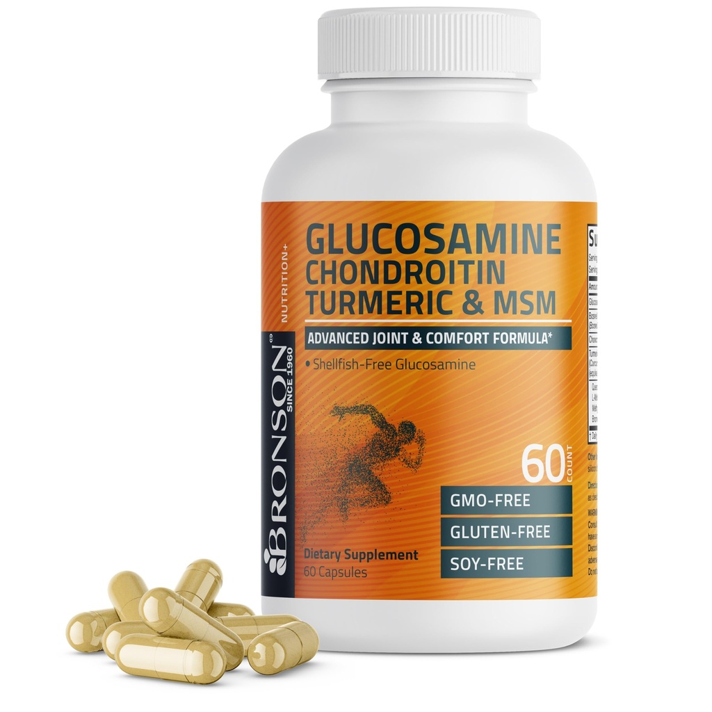 Bronson Glucosamine Chondroitin Turmeric & MSM מתקדם Joint & Cartilage פורמולה, תומך משותףים בריאים, ניידות ו Cartilage - non-GMO, 60 קפסולות