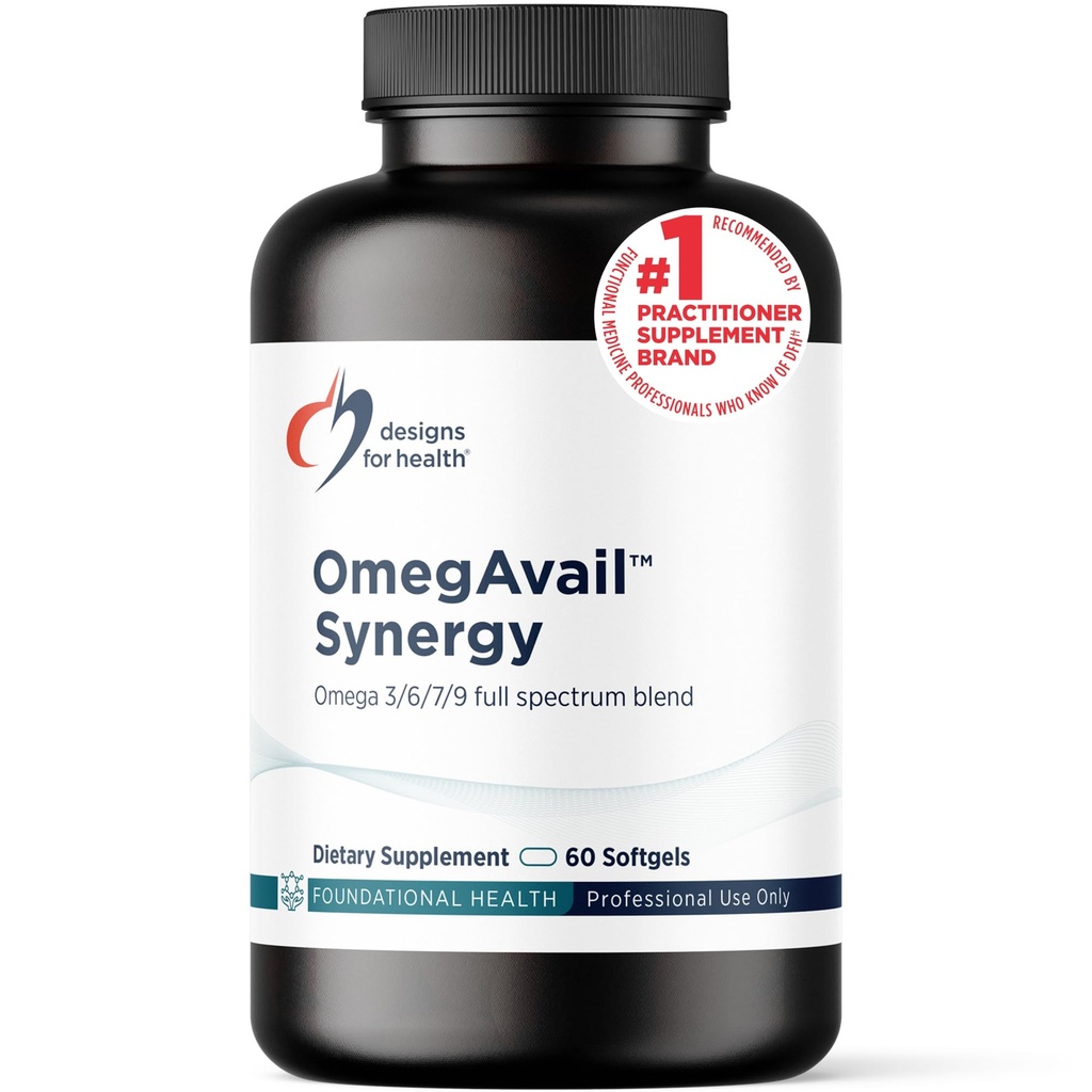 עיצובים לבריאות OmegAvail Synergy - אומגה מורכב למבוגרים - אומגה 3-6-7-9 חומצות שומן מ Borage ו Macadamia שמן + Triglyceride (TG) שמן דגים עם DHA & EPA (60 Softgels)