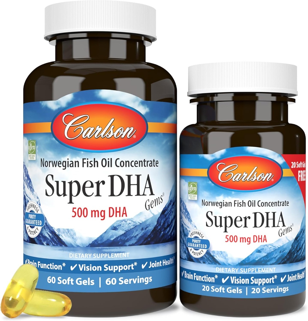 קרלסון - Super DHA Gems, 500 מ"ג DHA תוספי מזון, 640 מ"ג Fatty Acids, Wild-Caught Norwegian Fish Oil Concentrate, Sustainably Sourced Fish כמוסות, 60+20 Softgels