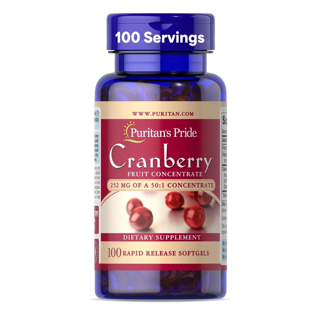 הפירות של Puritan's Pride Premium Cranberry Procentrate 252 מ"ג (12,600 מ"ג Equivalent) עם ויטמין C ו- E, תוספת תזונתית לתמיכה במערכת החיסון, 100 Rapid Release Softgels