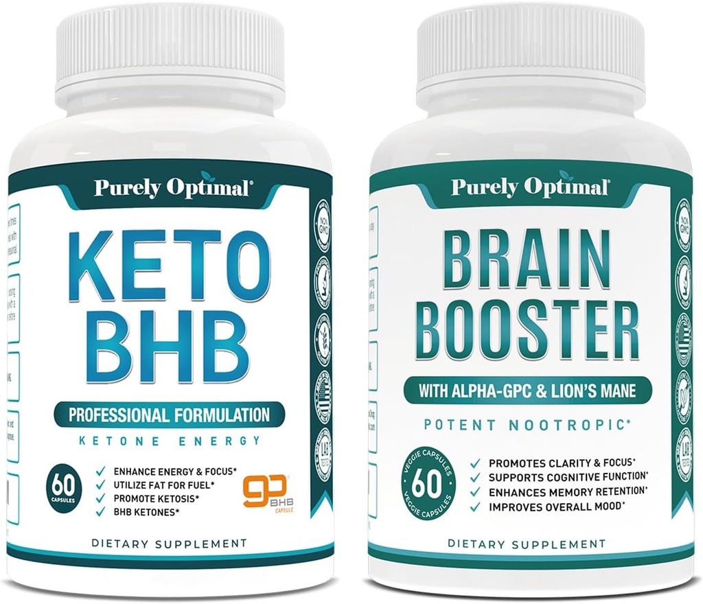 Purely Optimal Keto BHB Exogenous Ketones תוסף + Premium Brain תוסף - Nootropic Brain Booster for Focus, Clarity, שיפור זיכרון, ריכוז ו- Better Mood