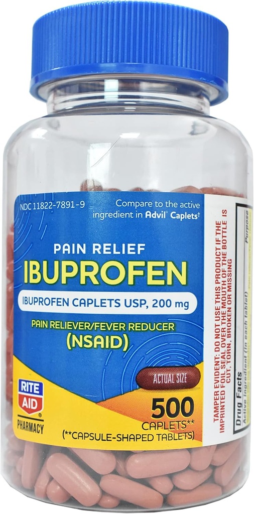 Rite Aid Pharmacy Ibuprofen 200 מ"ג - 500 Coated Brown Caplets - Pain Reliever and Fever reductionr - Migraine Relief - Back Pain Relief - Arthritis Pain Relief