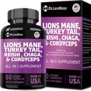 Lions Mane 3000 מ"ג, טורקיה Tail 3000 מ"ג, Reshi 1000 מ"ג, Cordycps 10o0 מ"ג, Chaga 1000 מ"ג, Maitake Meshitake Oyster Porcini Enoki עם Mushroom, 60 קפסולות