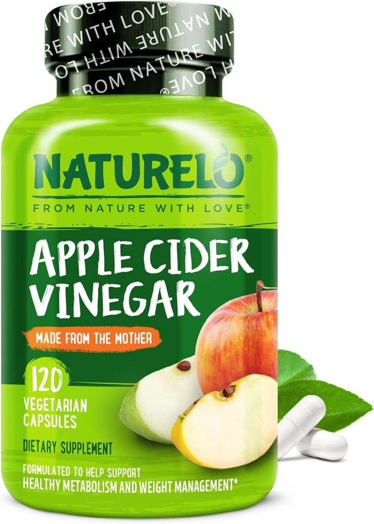 NATURELO Apple Cider Vinegar כמוסות - ACV טבעי עם תוספת אמא לגברים ונשים עבור Detox, ניקוי וניהול משקל - 120 קפסולות טבעוניות