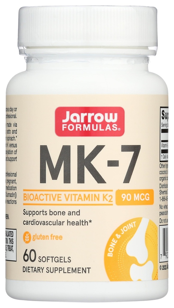 Jarrow Formulas MK-7 90 mcg - טופס ביואקטיבי של ויטמין K2-60 משרתות (Softgels) - עבור Bone & Cardiovascular Health - ויטמין K2 MK-7 Dietary - K2 ויטמין MK-7 - Gluten Freeten Freeten Freeten Freeten