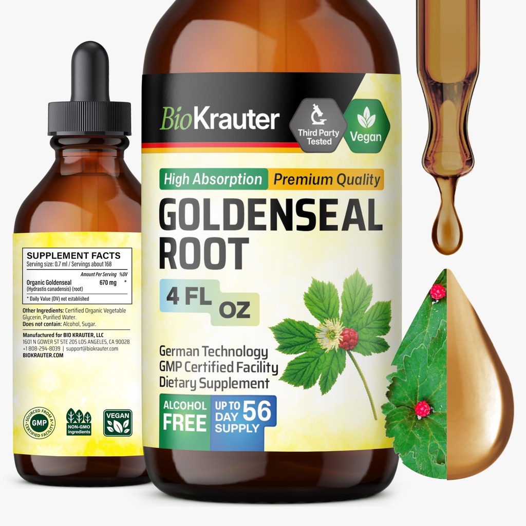 BIO KRAUTER Goldenseal Tincture - טבעוני Lung ניקויse & Detox - Golden Seal Herb תוסף - אלכוהול & סוכר טיפות חינם - 4 Fl.Oz.
