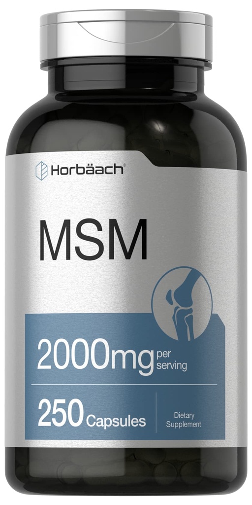 Horbäach MSM תוספי קפסולות | 2000mg | 250 Count | Non-GMO וגלוטן חינם פורמולה | Methylsulfonylmethane