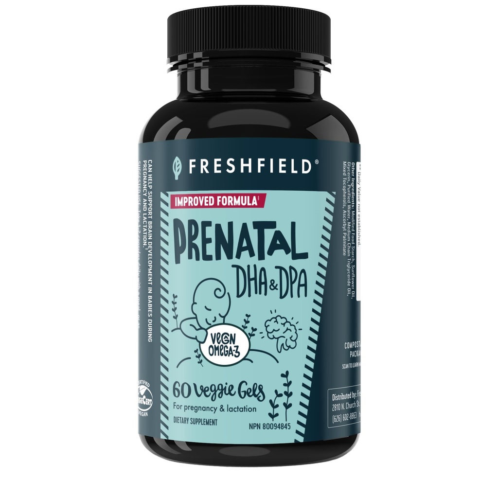 Freshfield Prenatal טבעוני אומגה 3 DHA: בר קיימא, Carrageenan חינם, צד שלישי נבדק, בקבוק קומפוסטנטי, פחמן נייטרלי. הלב, המוח, הבריאות המשותפת