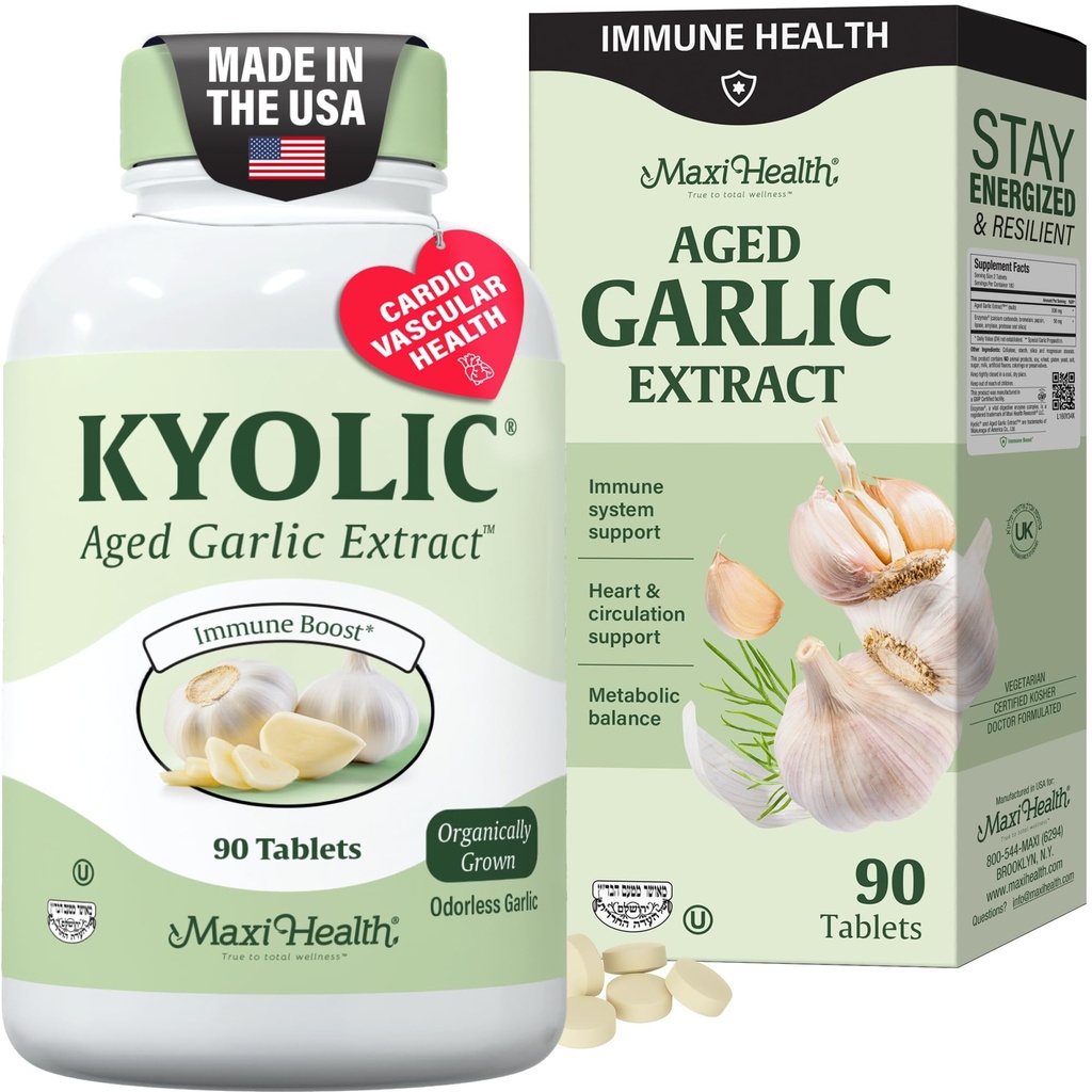 Maxi Health Kyolic Organic Garlic תוסף - טבליות כשרות Garlic עם גיל Kyolic גיל Garlic עבור תמיכה Immune - Vegetarian Garlic Pills (90 Count)