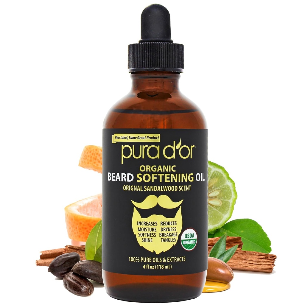 PURA D'OR 4 Oz OrganIC Beard Softing Oil - Original Sandalwood Scent - Leave-In Conditioner, Argan & Jo Joba שמן - Mustache Care & תחזוקה, הגדלת Softness & Power - שיער דובדבן, עור & Face