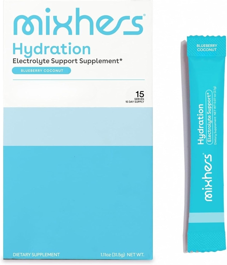 MIXHERS Hydration Electrolyte תמיכה תוסף | Hydration שותה עם ויטמין C, ברזל, & Zinc | Sugar-Free & Plant- Based | Blueberry קוקוס פלפור | 15 Stick Packets