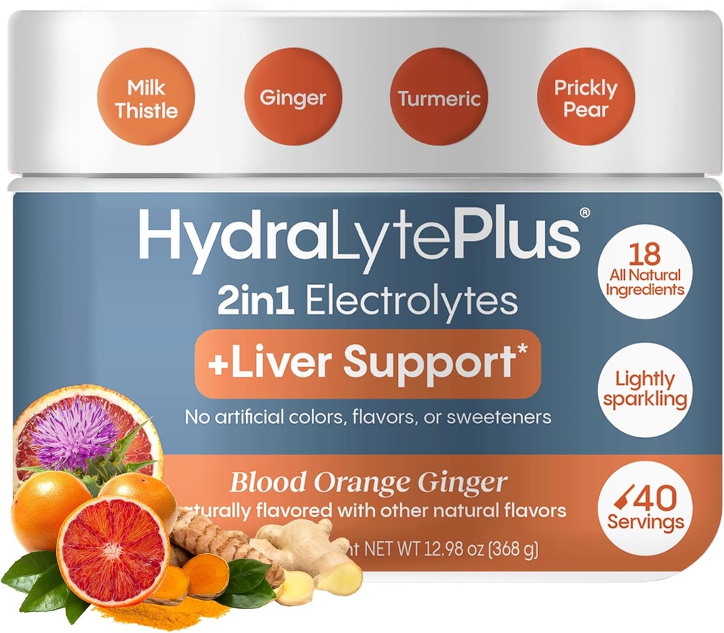 תמיכה מהירה Liver תומך + אלקטרוליט לערבב עם חלב זהtle, Turmeric, ג'ינג'ר, Prickly Pear, תמצית תה ירוק פורמולה עבור Rehydration מהירה, (Blood Orange, 40 לשרת Tub)