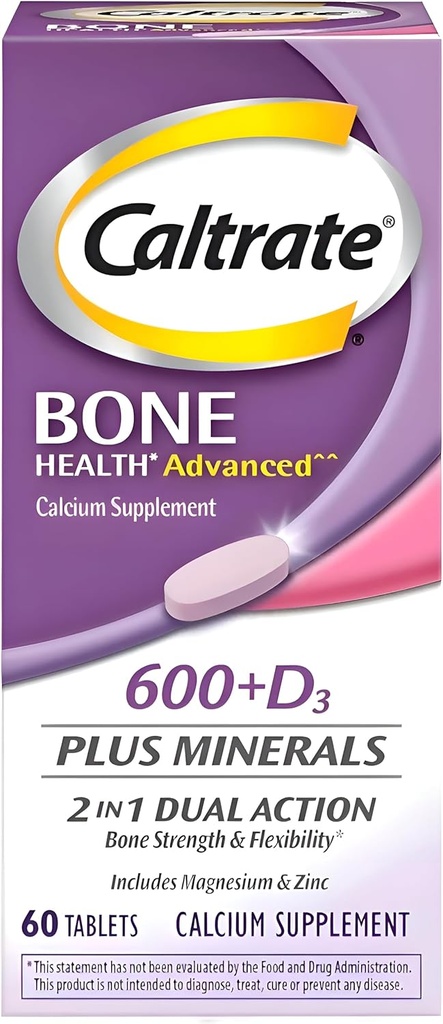 Caltrate 600+D3 Plus מינרלים Calcium ו- ויטמין D טבליות, בריאות העצם ומינרלים עבור מבוגרים - 60 הרוזן