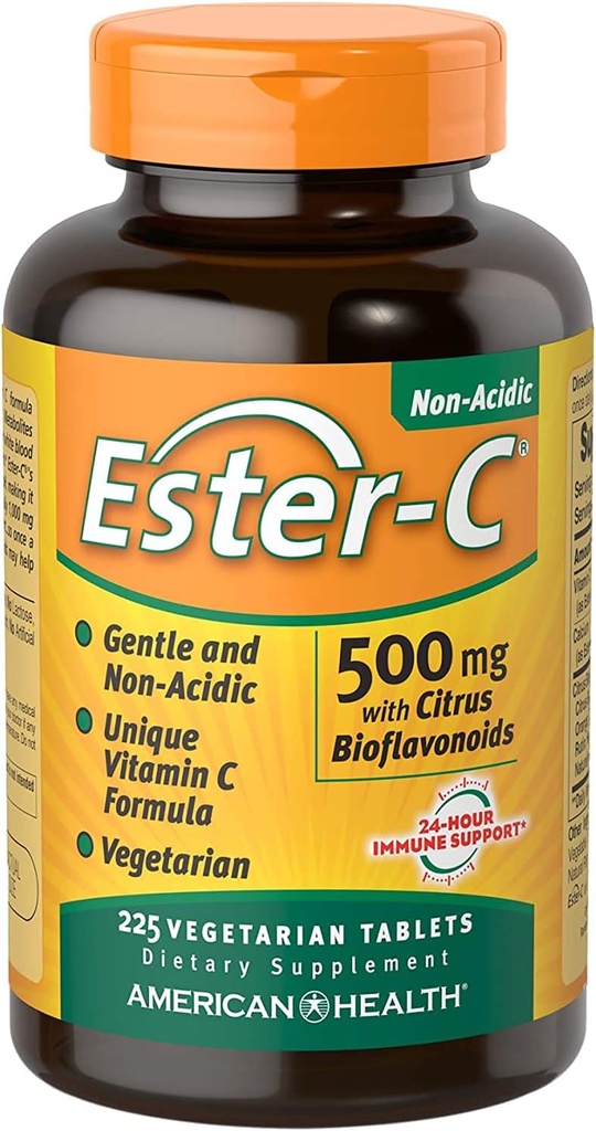 Ester-C American Health with Citrus Bioflavonoids Vegetarian Tablets, 24Hour Immune תמיכה, Gentle על Stomach, ויטמין C, Non-GMO, Gluten-Free, Vegan, 112 משרתים, 500 מ"ג, 225 מ"ג, 225 מ"ג, Count