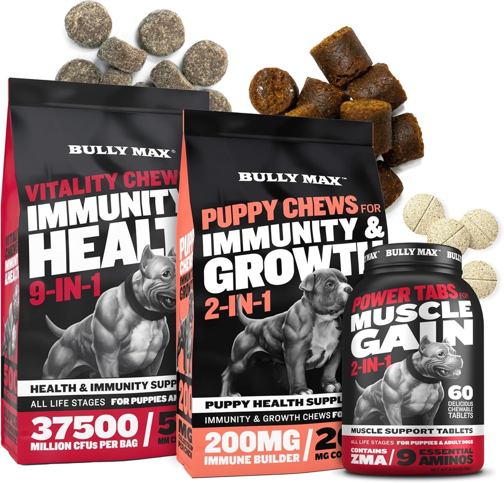 Bully Max Dog Vitality Chews, שריר בונה Tabs (60 כרטיסיות) & Puppy Chews Bundle - Daily Dog Supplements for שריר תמיכה, בריאות החיסון, ותזונה שלמה עבור Puppies, מבוגרים, מבוגרים וזקנים