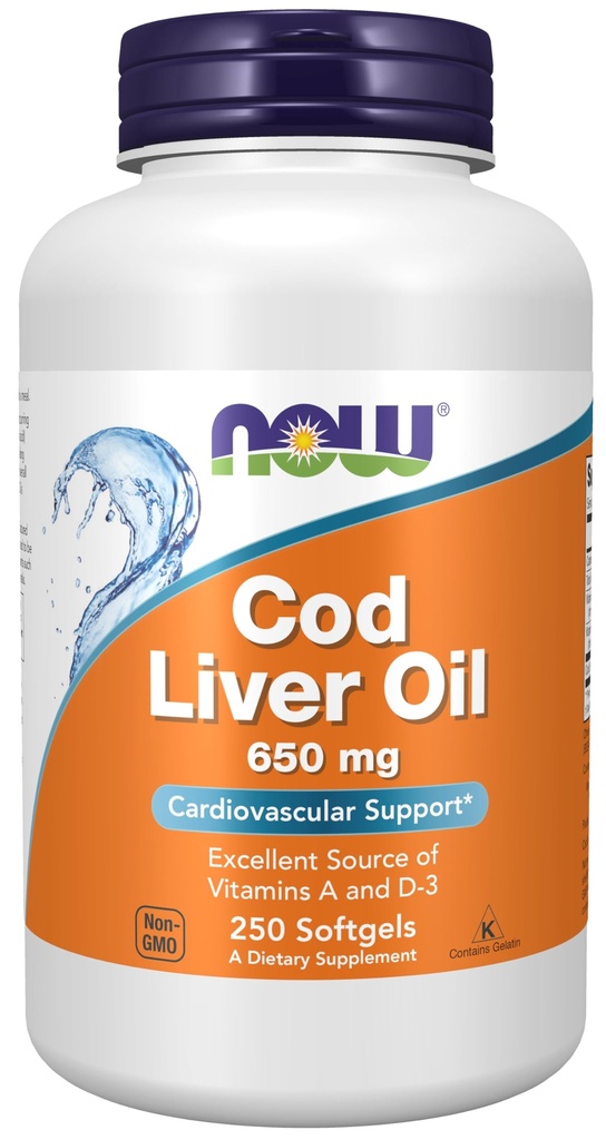 עכשיו תוספי מזון, Cod Liver שמן 650 מ"ג, מקור מצוין של ויטמינים A ו D-3, 250 Softgels