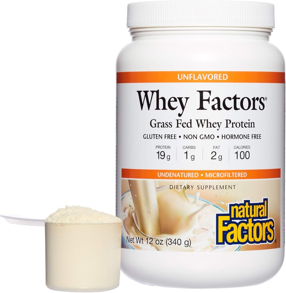 Whey Factors by Natural Factors, Grass Fed Whey Protein Concentrate, מסייע לפיתוח שרירים ובריאות החיסון, Unflavored, 12 Oz