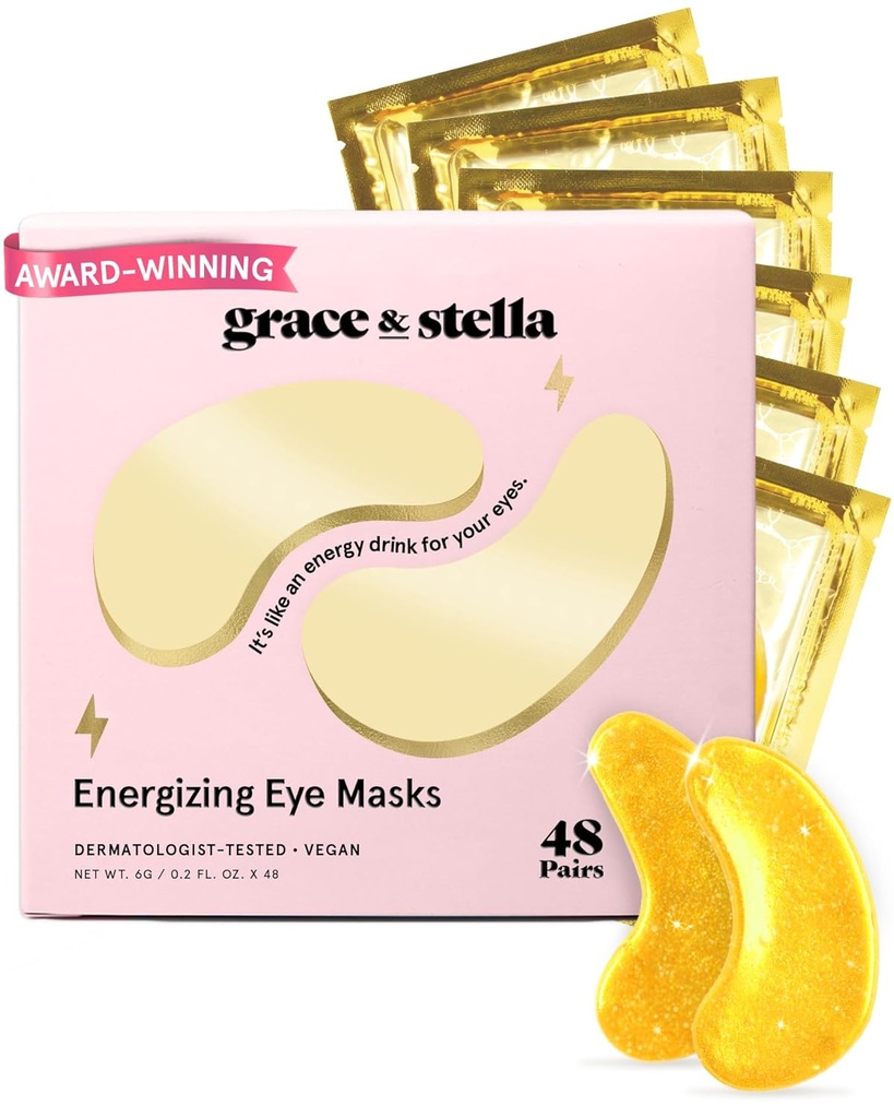 Grace & stella Award הזוכה תחת עין מסיכה - מסעות חיוניים - מתנת יום הולדת לנשים - גל פטים עיניים עבור מעגלים אפלים, עיניים נפוחות, וריקס, מתחת לעיניים Beye Bags - Vegan Self Care (48 Pairs, Gold)
