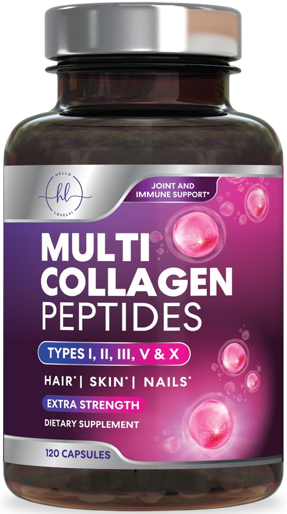 Multi Collagen תוסף 2400 מ"ג - סוגים I, II, III, V & X Multi Collagen Peptides Pills for Women & Men, hydrolyzed Collagen תוספים, שיער, עור, ריח, ותוספת משותפת, 120 קפסולות