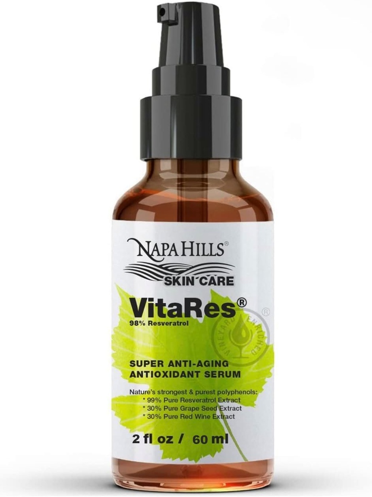 נוזל VitaRes Resveratrol Drops Skincare - Super Concentrated, Natural, Superior Bioavailability - Grape Skin, Grape Seed, Resveratrol (2 Fl Oz, Power 98%)