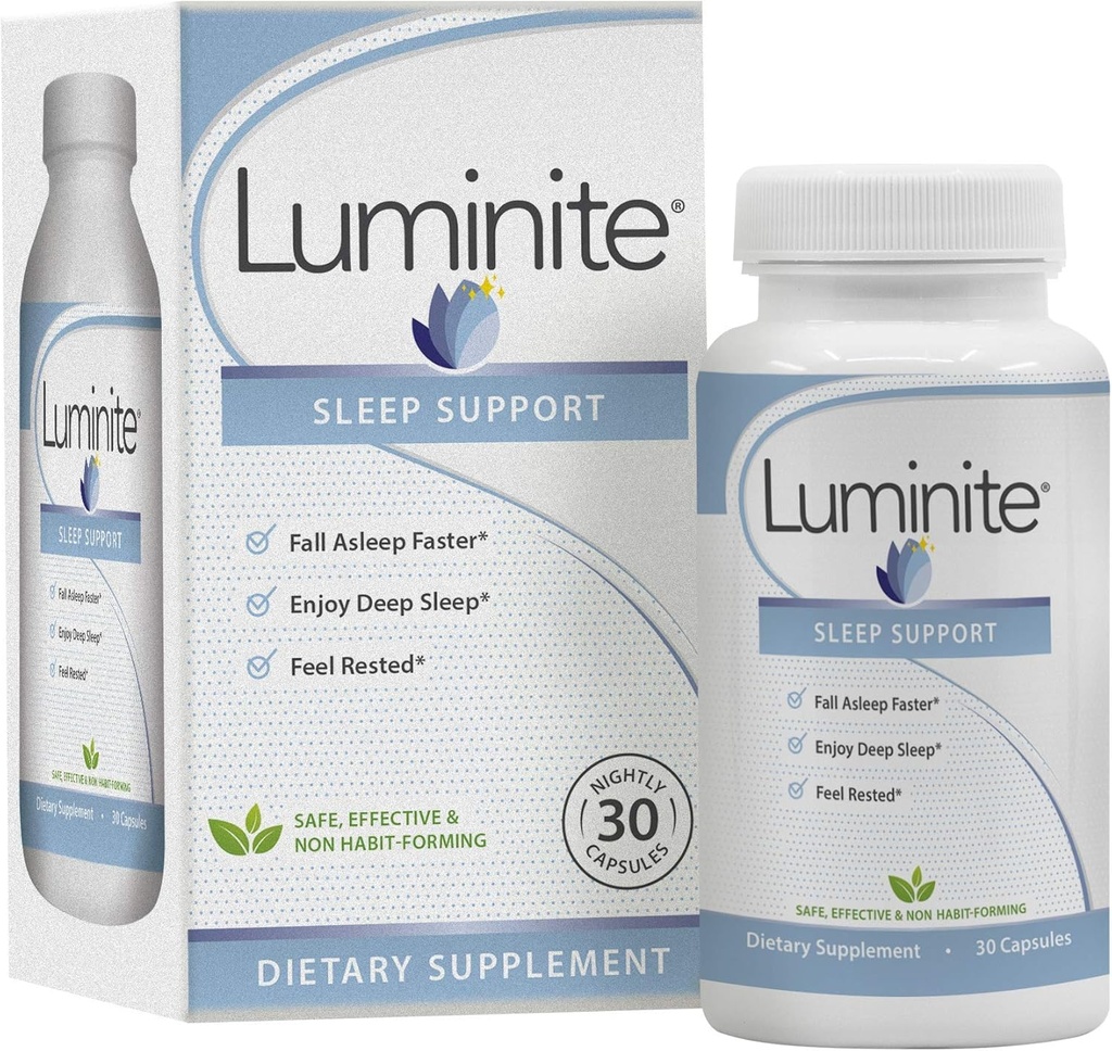Luminite Sleep Support - Nighttime Sleep Aid - L-Tryptophan, Melatonin, Chammomile - Non Habit Forming, 30 Count