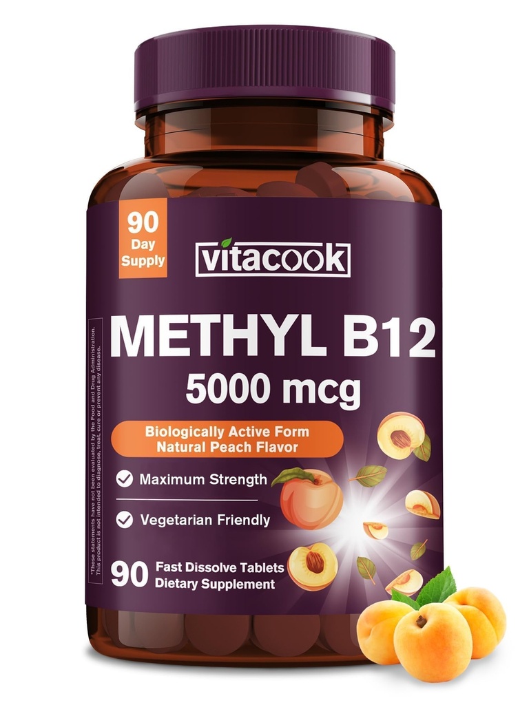 ויטמין B12 Sublingual, Methylcobalamin 5000mcg לייצור אנרגיה, אנרגיה, Nerve & Cell Support, Natural Peach Flavor, טבעוני, Zero Sugar, 90 טבליות מלוטשות במהירות
