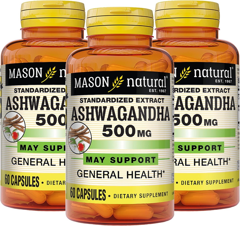 MASON NATURAL Ashwagandha 500 מ"ג, הסתגלות לתמיכה מתח ואנרגיה, תוסף צמחי, 180 יום אספקה