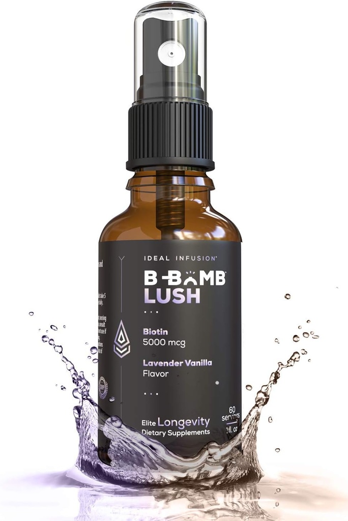 Infusion B-Bomb Lush Biotin נוזל Spray: אורגני Lavender Vanilla - 5000mcg, הורמון גדילה לתיקנות וכרך - בריאות העור, ציפורניים חזקות יותר, Keto, טבעוני