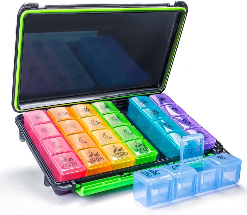 מארגנת גלולות שבועיות, 7 Day Pill Box (4-Times-A-Day) Portable for Travel with Moisture-Proof Design Pill Case to Pills/Vitamin/Fish Oil/Supplements