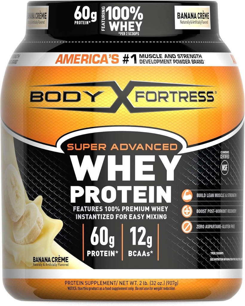גוף מבצר Super מתקדם אבקת חלבון Whey, בננה Creme Flavored, Gluten Free, 2 Lb