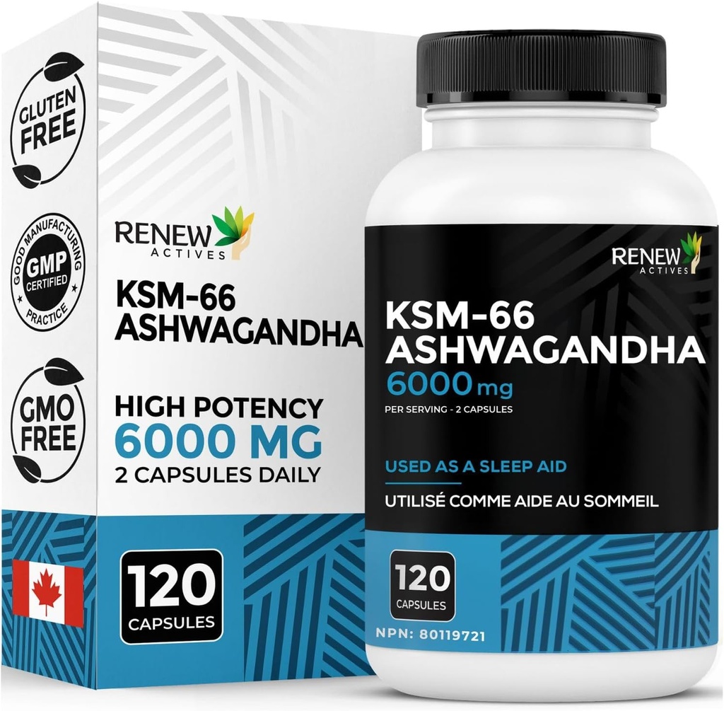 Renew Actives Ashwagandha KSM-66 תוספת 500MG לשרת עם Black Pepper for Superior Absorption - Focus & Mood תומך להגביר את האנרגיה & Sleep Aid - מיוצר בקנדה - 120 קפסולות