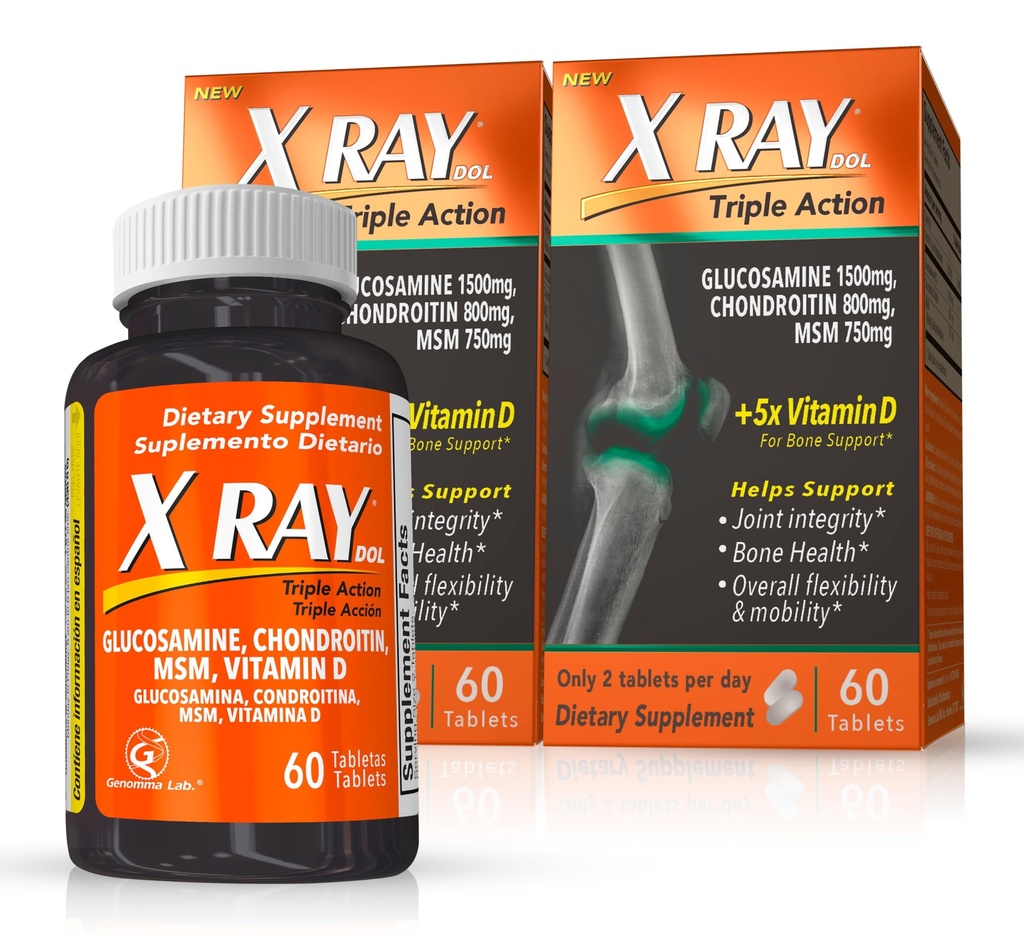 X Ray Dol Triple Action Joint Support with Glucosamine 1500 מ"ג, Chondroitin 800 מ"ג, MSM 750 מ"ג ו 5X ויטמין D עבור מפרקים בריאים, עצמות ו Cartilage - 60 Count per Bottle - 2 Pack