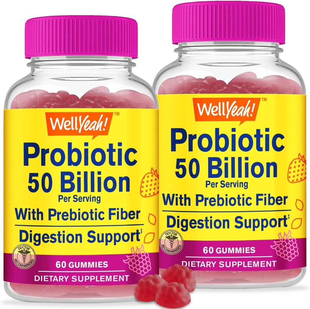 ובכן, כן (2 Pack 50 מיליארד פרוביוטיקה + Prebiotics עבור גברים ונשים מסטיק - תמיכה תזונתית, בריאות Gut, Immune תמיכה חניכיים - פרוביוטיקה לבריאות העיכול עם 12 סטרינס - 60 מסטיקנים