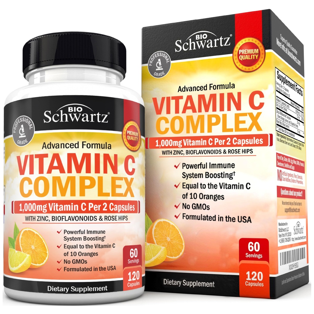 BioSchwartz ויטמין C מורכב תוסף - ויטמין C 1000 מ"ג קפסולות עם Rose HIPS Zinc ו- Citrus Bioflavonoids עבור Immune Health, cell Energy, Collagen Production, 120 (60 יום אספקה)