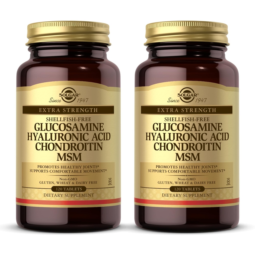 Solgar Glucosamine Hyaluronic Acid Chondroitin MSM - 120 טבליות, Pack של 2 - מקדם משותףים בריאים, תומך תנועה נוחה - non-GMO, Gluten Free - 80 סה"כ משרתים