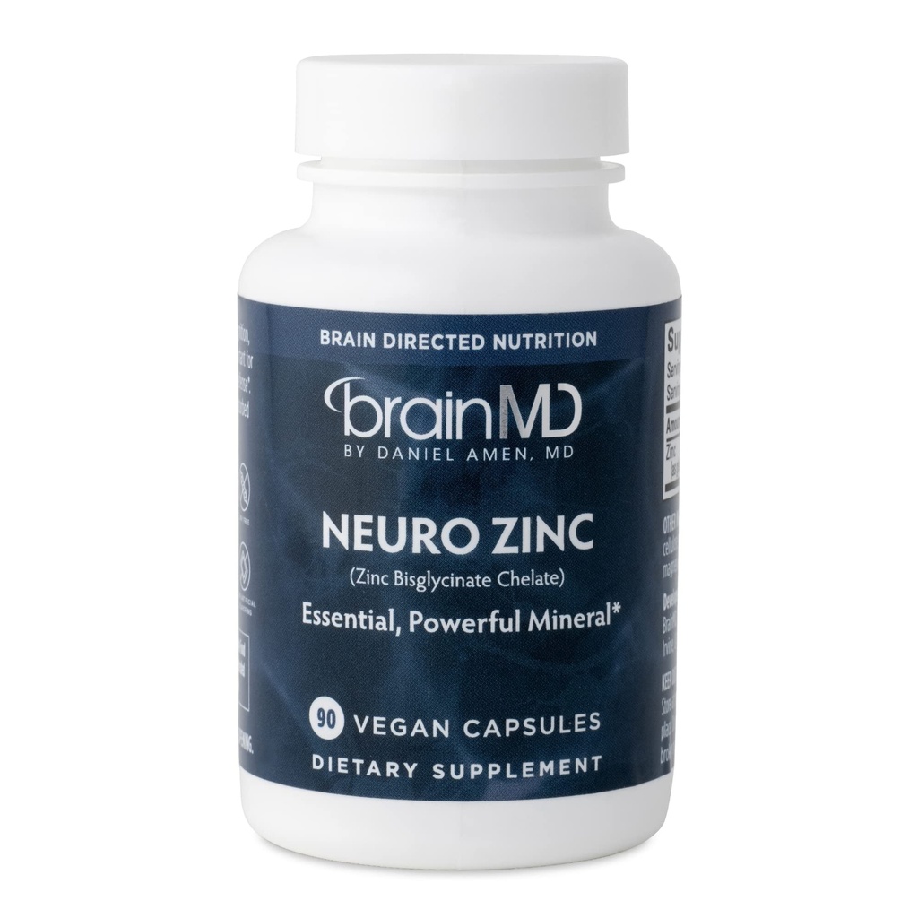 BRAINMD Dr Amen Neuro Zinc - 90 קפסולות - 25 מ"ג Zinc Bisglycinate Chelate - Gluten Free - 90 משרתות