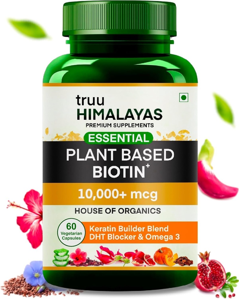 Plant Based Biotin 10000mcg עבור צמיחת שיער עם DHT Bloer, Keratin & אומגה 3 תוספי Vitals for Men & Women - Ayurvedic Acents for Hair Fall, Skin & Nails Health - 60 קפסולות