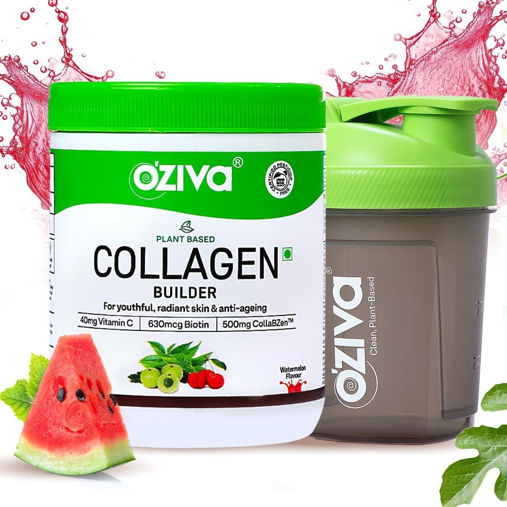 OZiva Vegan Collagen (Watermelon) עם Biotin & ויטמין C עבור Brighter & Youthful Skin; תוספת קולג'ן לנשים וגברים | צמחי מבוסס אבקה מוסמך 125g + Shaker