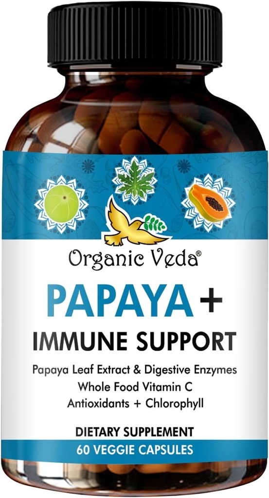 תוספי מזון אורגני Veda Papaya Leaf Plus - Blood Platelet Super Extracting Immune כמוסות עם Papaya Digestive Enzymes, Chlorophyll, Grape Seed Extractd Extract, ויטמין C - Bone Marrow & Gut בריאות - 60 ctctctct