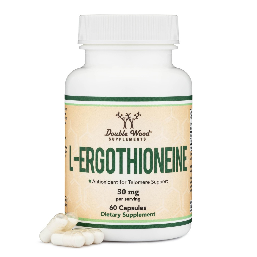 Ergothioneine תוסף (EGT) 30 מ"ג של Pure, צמחי מבוסס L-Ergothioneine Per קפסולה, 60 Count (May Support Longevity and Health Aging) Non-GMO, Gluten Free, טבעוני בטוח על ידי Double Wood Wooduthioneine.