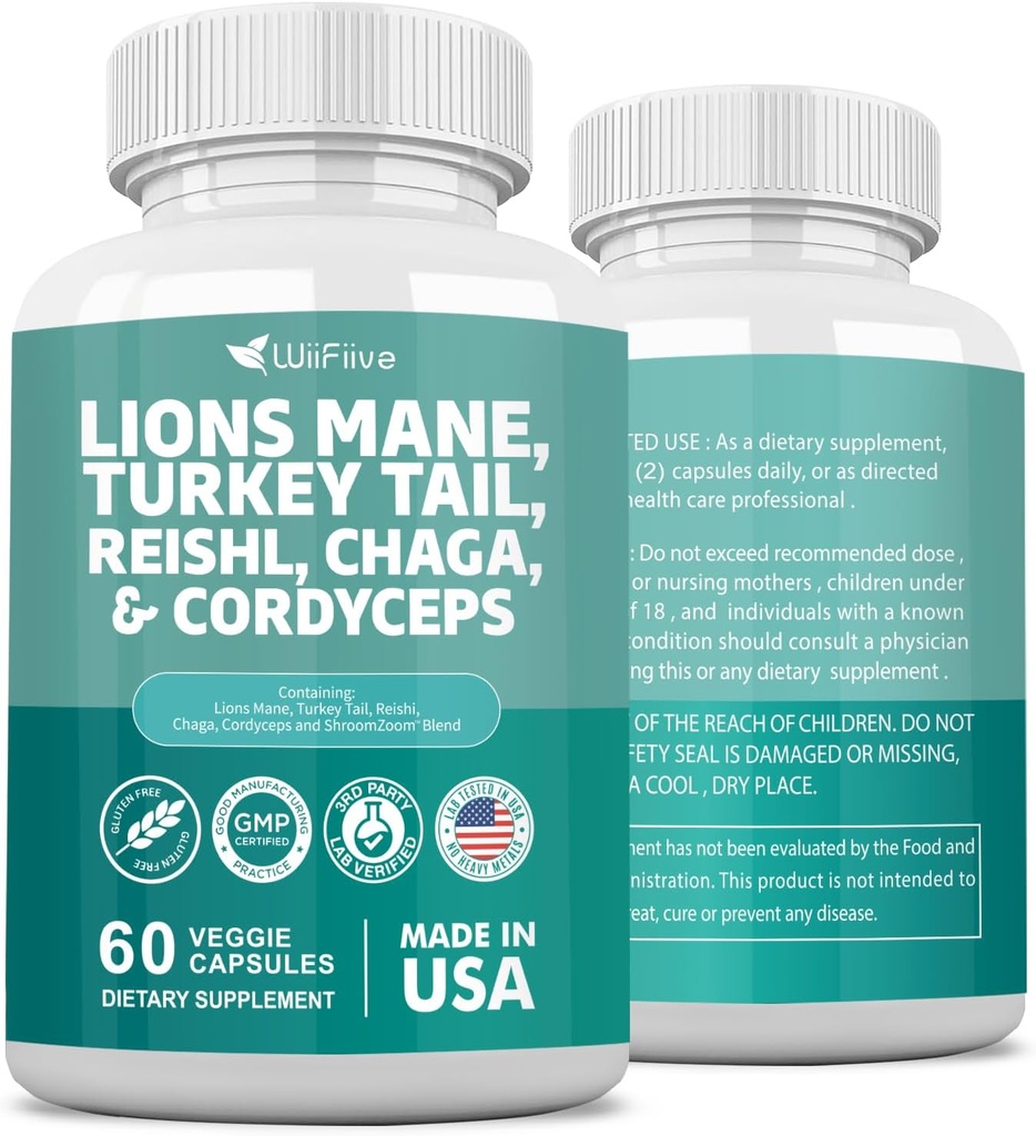 Lions Mane 3000 מ"ג טורקיה Tail 3000 מ"ג Reishl 1000 מ"ג Chaga 1000 מ"ג אבקת לחלץ המכיל מאיטקה Shiitake Black Fungus,Brain, מינרלים, 60 קפסולות