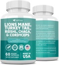 Lions Mane 3000 מ"ג טורקיה Tail 3000 מ"ג Reishl 1000 מ"ג Chaga 1000 מ"ג אבקת לחלץ המכיל מאיטקה Shiitake Black Fungus,Brain, מינרלים, 60 קפסולות