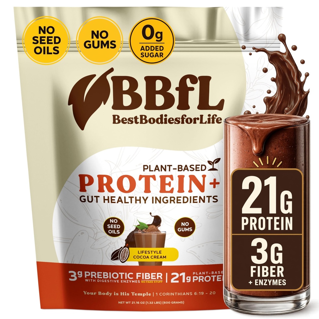BBfL Plant מבוסס חלבון שקד - 21g חלבון טבעוני, Cocoa + Apple Cider Vinegar, Prebiotics, Enzymes, Supports Gut Health - All-in-One Shake for Women & Men (15 משרתים, Cocoa Cream)
