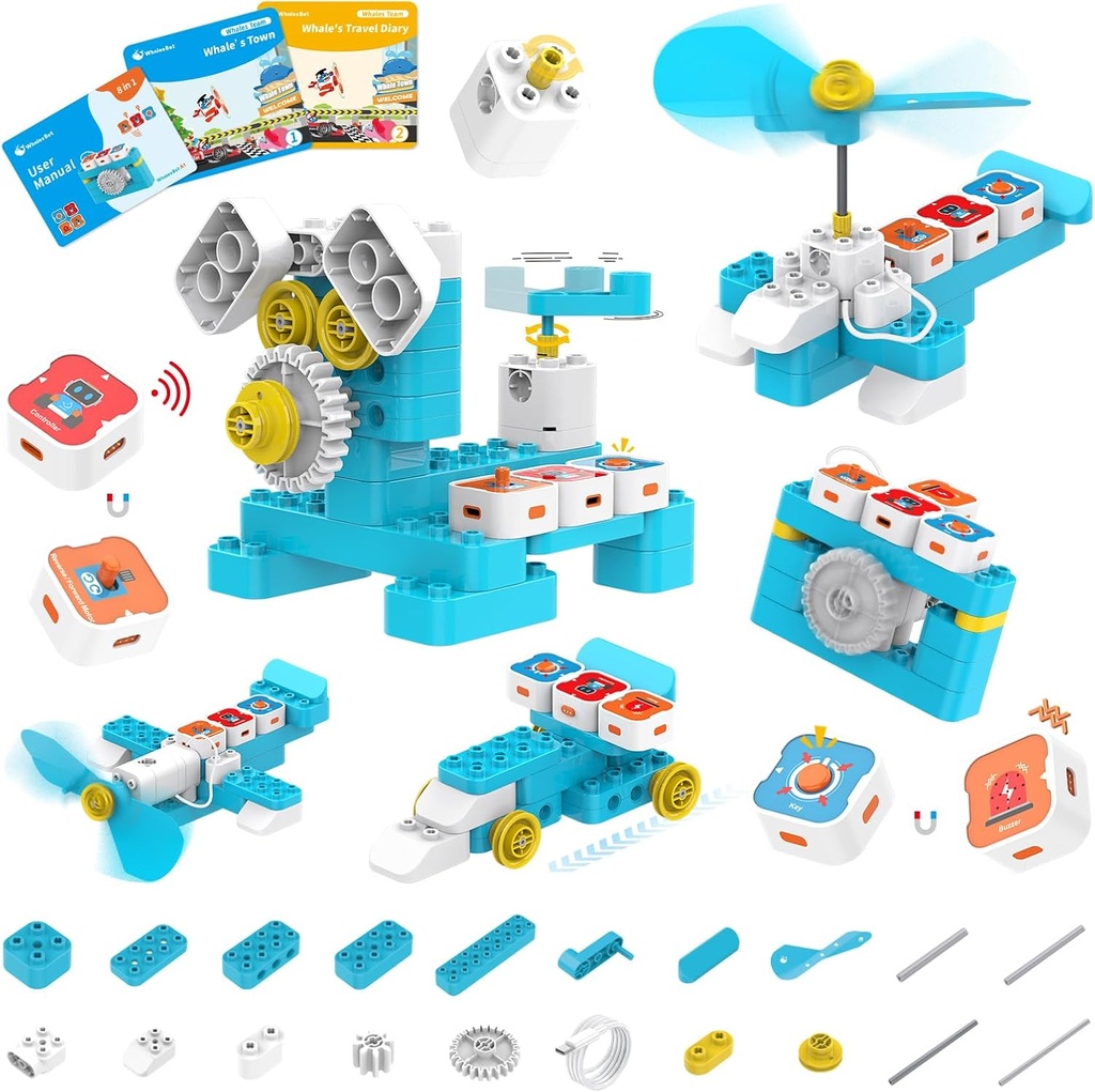 WhalesBot A1 coding צעצוע לילדים, בניית בלוק רובוט, כיף STEM צעצוע עם בקרה מגנטית ובלוקים חושיים, קידוד ללא מסך עם 3 ספרי הדרכה לילדים 3-6