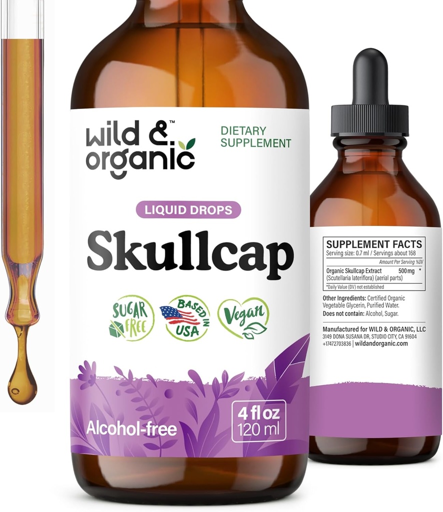Wild & אורגני Skullcap Herb Tincture - תוסף Skullcap לתמיכה Mood - מרגיע טיפות נוזל נוזלי - טבעוני, סוכר ואלכוהול חינם - 4 fl oz
