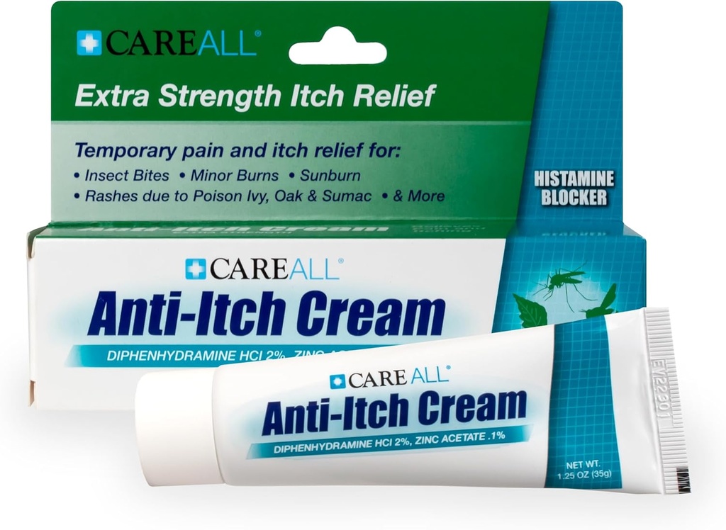 CareAll Anti-Itch Cream 1.25oz Histamine חסום, Diphenhydramine HCI 2% אנליסט ו Zinc Acetate 0.1% מגן העור לספק כאב זמני ו- Itch הקלה מפני Common Out Itches