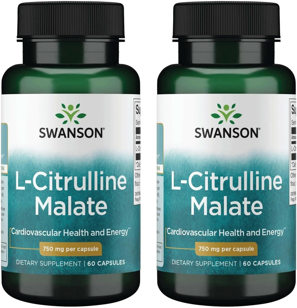 Swanson L-Citrulline Malate - Amino Acid תוספת קידום ייצור אנרגיה & דם בריא Circulation - פורמולה טבעית תמיכה בסך הכל בריאות - (60 קפסולות, 750 מ"ג כל) (2 Pack)