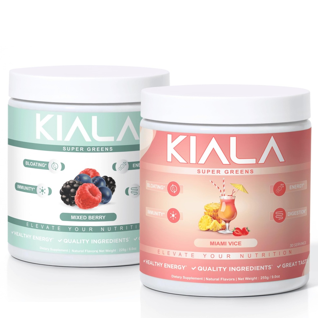 Kiala Nutrition Super Greens, אורגני ירקות אבקה, Spirulina & Chlorella Superfood, Sugar & Gluten חינם טבעוני, Spectra בלגן, מעורב ברי ומיאמי סגן, 2 Pack