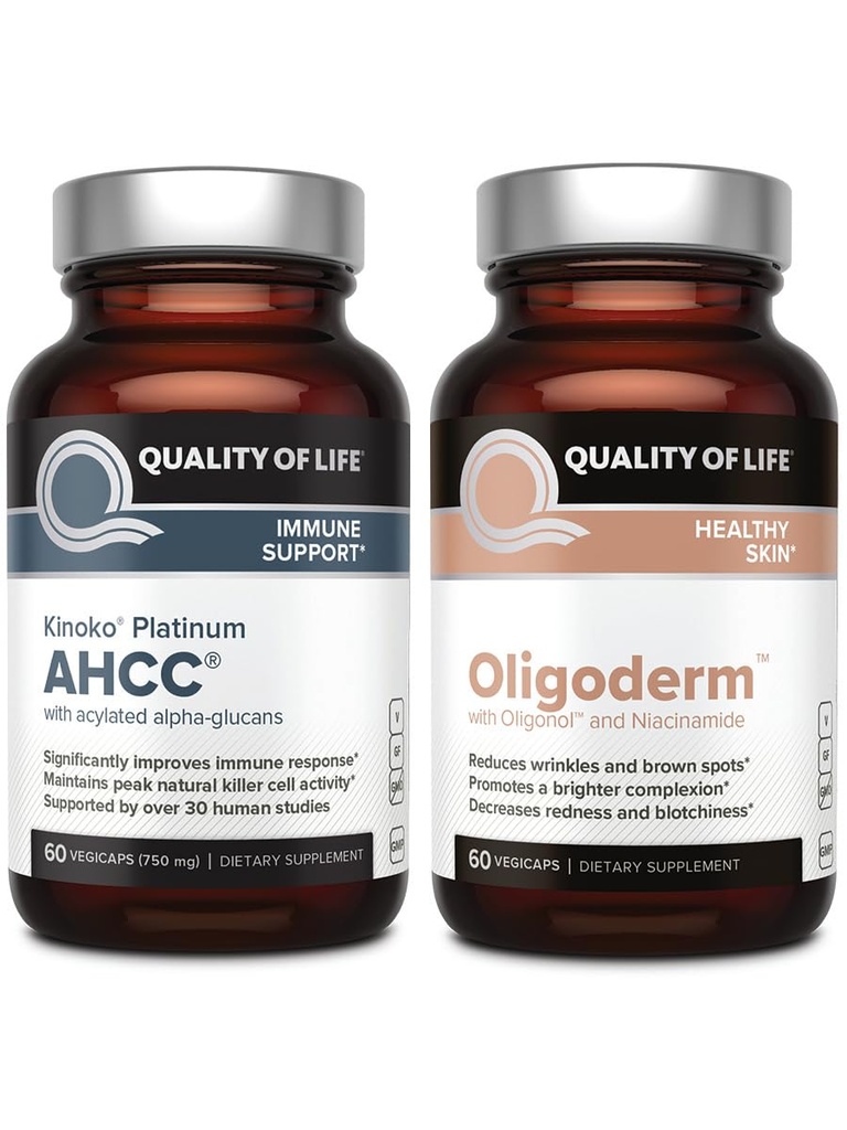 איכות החיים עם Kinoko פלטינום AHCC Mushroom ו Oligoderm עם Oligonol Lychee לחלץ - Immune Support Skin Health Bundle