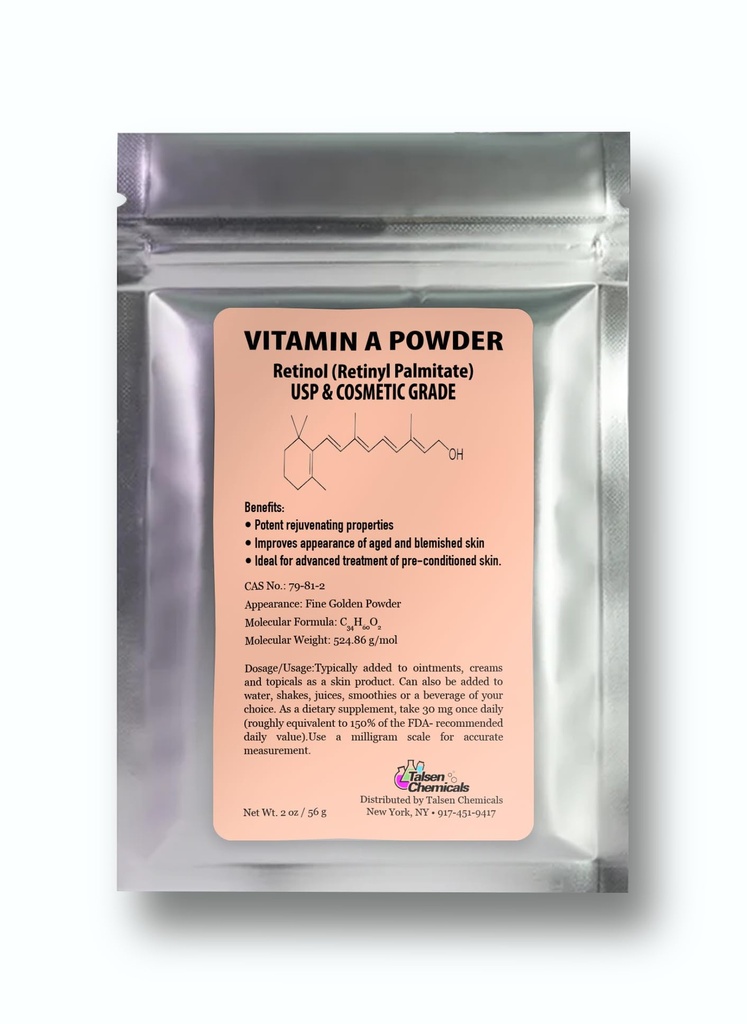 ויטמין A אבקת Retinyl Palmitate, Pure Retinol אבקת ויטמין מים Soluble ויטמין A USP & Cosmetic כיתה (2 oz. / 56 גרמות)